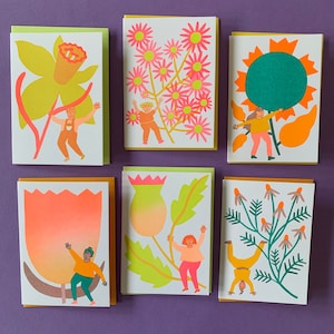 Blooming - Juego de tarjetas risográficas: minitarjetas fluorescentes impresas con risografía de 4 barras