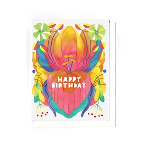 Happy Birthday folk art card - floral birthday card bright birthday card recycled birthday card