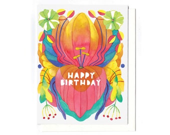 Happy Birthday folk art card - floral birthday card bright birthday card recycled birthday card