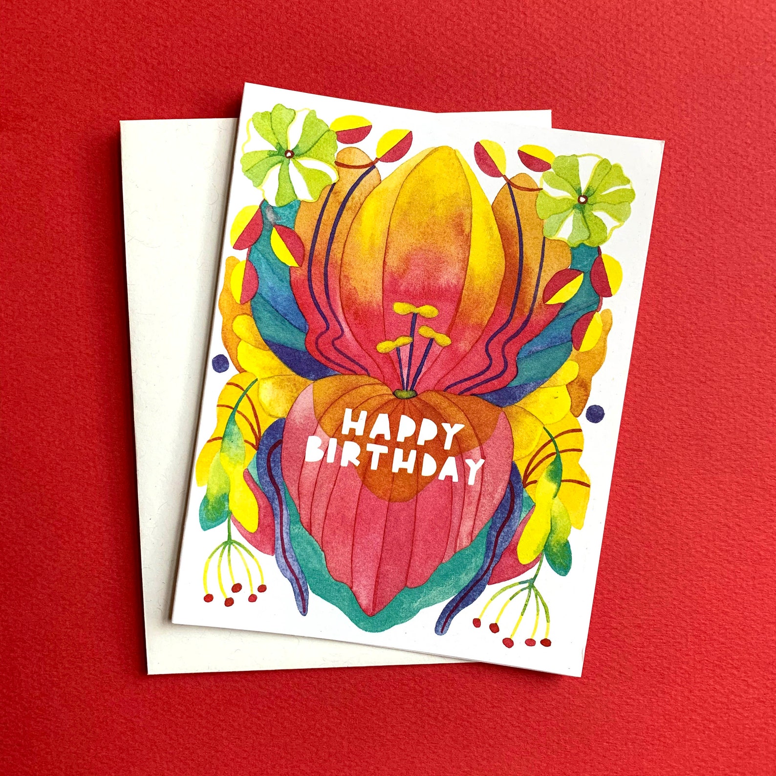 Happy Birthday Folk Art Card Floral Birthday Card Bright Etsy