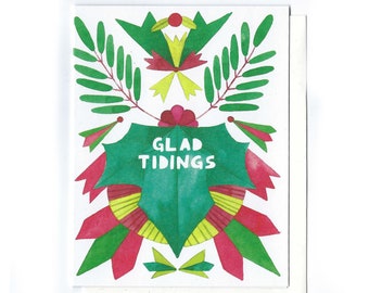 Glad Tidings holiday folk card - folk art holiday card recycled card glad tidings card