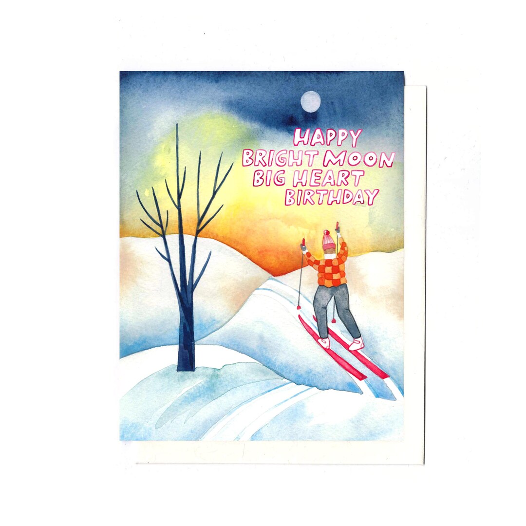 Cross-country Ski Full Moon Birthday Card Bright Moon Big Heart
