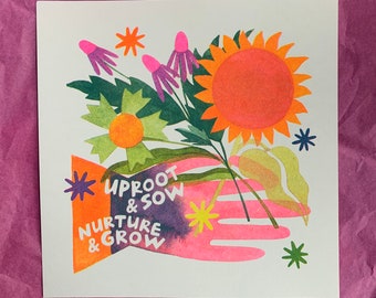 Uproot & Sow, Nurture and Grow - risograph print for Printmakers Against Racism fundraiser