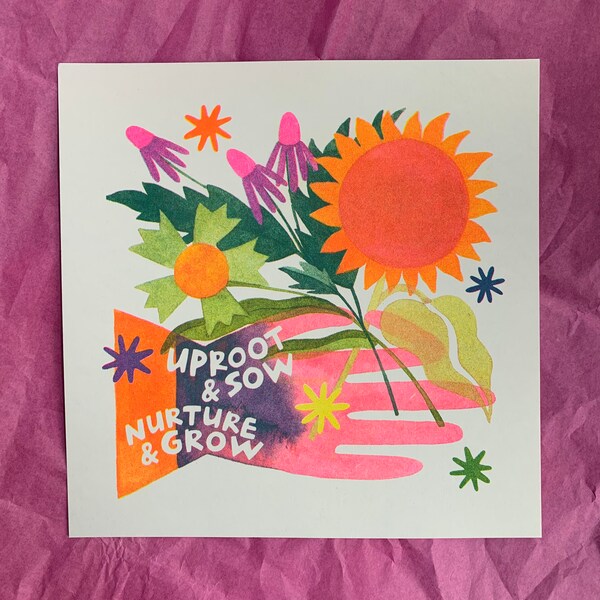 Uproot & Sow, Nurture and Grow - risograph print for Printmakers Against Racism fundraiser