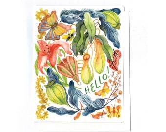 Hello floral card - floral hello card floral everyday card butterfly card recycled card watercolor card