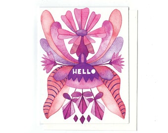 Spring Folk Hello Card - folk art card hello card everyday card recycled card pink card