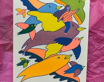 VOLAMOS risograph print - colorful wall art birds small print