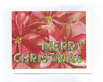 Merry Christmas poinsettias card - holiday card christmas card celebration card red and green card floral card recycled holiday card