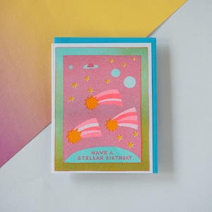 Have a Stellar Birthday - risograph-printed greeting card