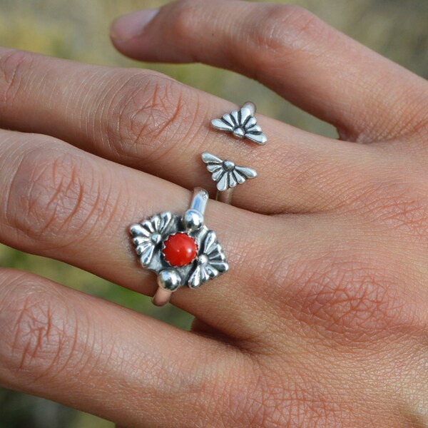 Sterling Silver 925. Southwest Natural Red Italian Coral Southwest Stacker Ring. Made in the heart of New Mexico.