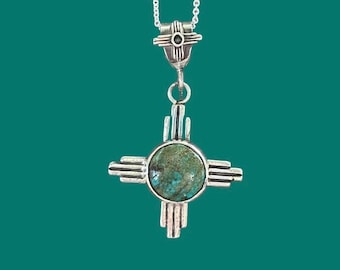 Beautiful Large Sterling Silver Green Turquoise Southwest ZIA Sun Symbol Pendant/Necklace. Made in the heart of New Mexico.