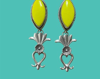 Long Sterling Silver 925. Southwest Yellow Rosarita Heart Blossom Dangle Earrings. Made in the heart of New Mexico.