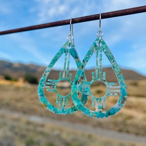 Crushed Turquoise Zia Southwest ‘Enchanted ZIA’ Collection Dangle Resin Earrings © W/925. French hooks. Made in the heart of New Mexico.