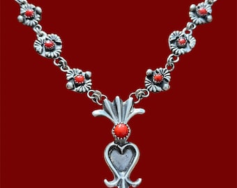 Sterling Silver 925. Southwest Natural Italian Red Coral Link Chain Necklace with Heart Drop Pendant. Made in the heart of New Mexico.