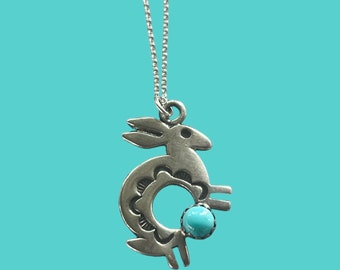 Sterling Silver 925. turquoise with Stamped Rabbit Southwest Pendant/Necklace. Made in the heart of New Mexico.