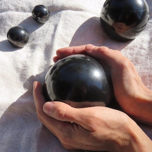 Silver SHUNGITE Sphere / Black Globe for EMF-Protection + Health - Office + Bedroom + Home Decor