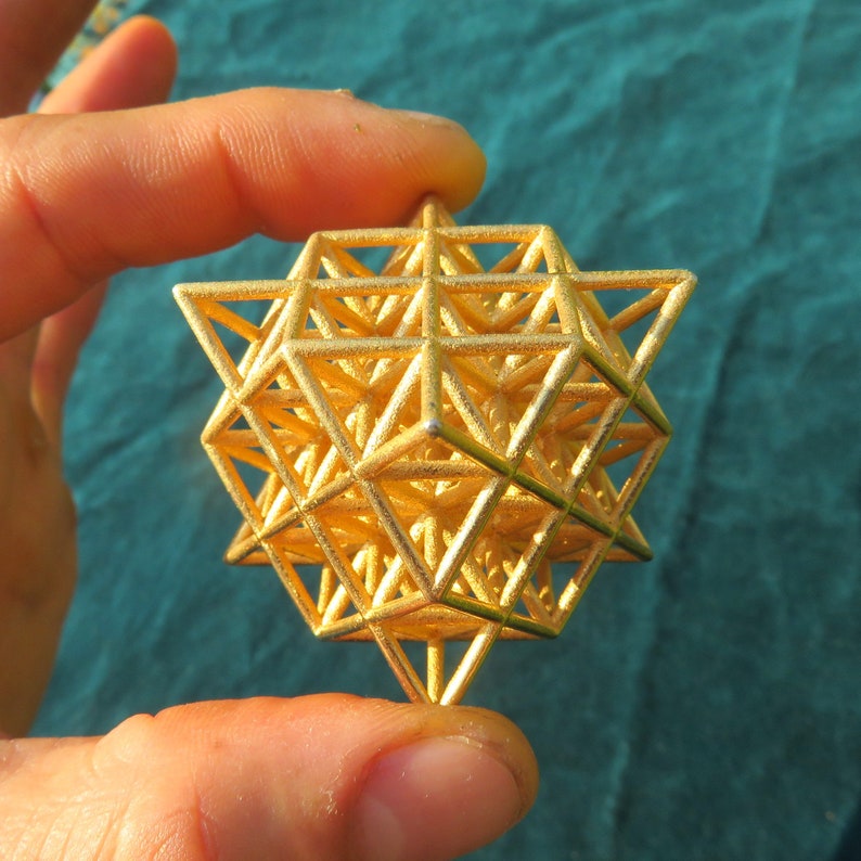 64 Tetrahedron Grid 3D printed Sacred Geometry, the 3D Flower of Life Gold-plated Steel