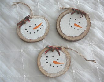 Wood Ornaments, Snowmen Trio, Holiday, Christmas, Tree Décor, Natural Wood Ornament