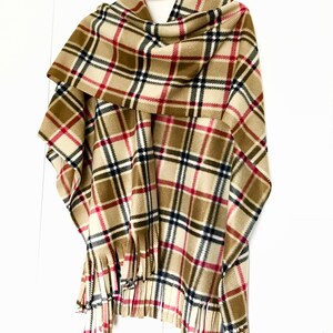 Tan Brown Beige Camel Taupe Black Plaid Tartan Ladies Women Men Unisex Cozy Warm Fleece Poncho Ruana Wrap One Size Fits All Gift For Her