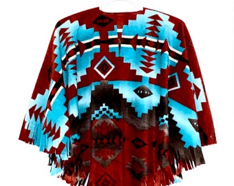 Girl's Boys Kids Cozy Cape Fleece Teal Southwest Navajo Poncho