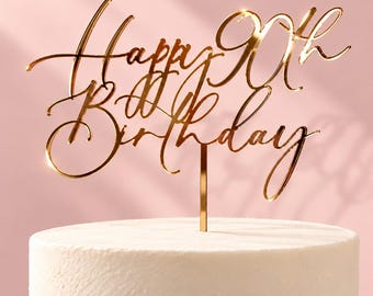 Happy 90th Birthday Cake Topper Decoration | Various Colours | Acrylic | Rustic Wood