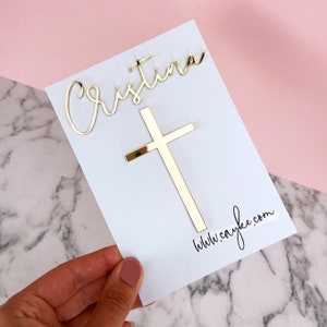 Christening Name And Cross Charm | Personalised | Various colours | Rustic Wood