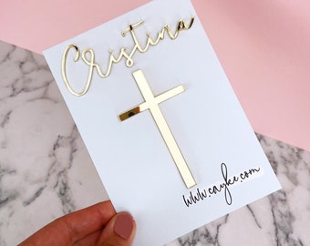 Personalised Acrylic Christening Name And Cross  Charm Set