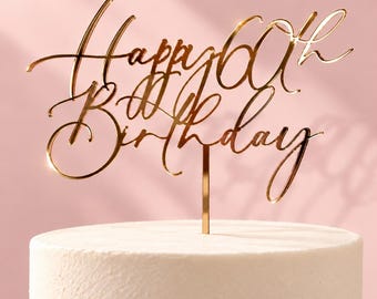 Happy 60th Birthday Cake Topper Decoration | Various Colours | Acrylic | Rustic Wood