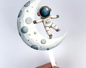 Printed Acrylic Moon and Spaceman Cake Topper | White | Red