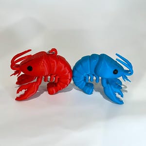 May include: Two 3D-printed lobster figurines. One is bright red, and the other is a vibrant blue. Each lobster has black eyes and a keychain loop. The claws and antennae are detailed. The figurines are on a white background.