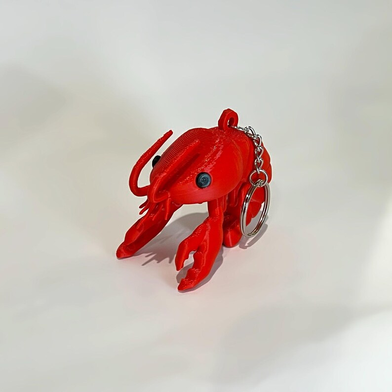 May include: A vibrant red 3D-printed crawfish keyring with a silver chain. The crawfish features detailed claws, antennae, and blue eyes. A novelty keyring.