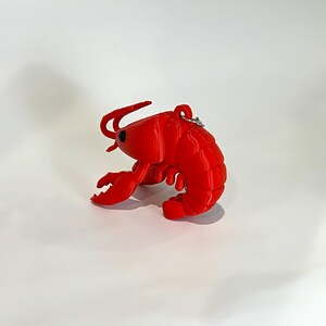 May include: A vibrant red lobster ornament with a small silver ring attached. The lobster features detailed claws, antennae, and a segmented body. The ornament is made of a solid material and is set against a white background.