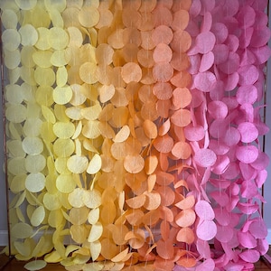 May include: A backdrop made of paper circles strung together in a gradient of yellow, orange, and pink. The circles are hung from a metal frame.