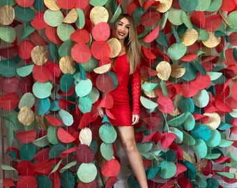 Red, Green, and Gold Original Paper Circle Garland Backdrop: Holiday Party Decor