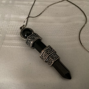 Sale****Vintage Crystal HEXAGON BLACK ONYX Pendant on 18 inch Silver Chain   3 Intricate Patterned Bands and Encased Black Onyx Ball at Top