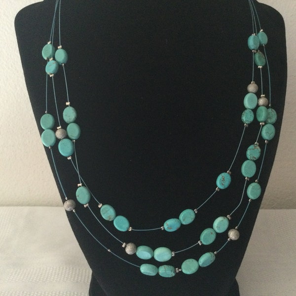 Vintage 3 Strand TURQUOISE NECKLACE    Brushed Silvertone Separaters
