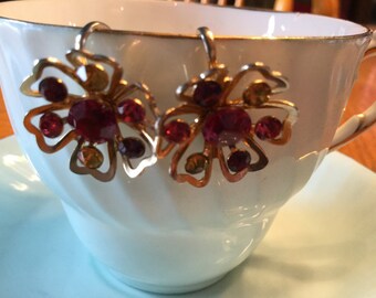 CORO Flower Screwback Earrings/Rose, Purple and Yellow Rhinestones