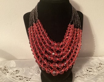 Sale***Vintage JOAN RIVERS Pink Glass Bead NECKLACE   6 Strands of Pink Glass Beads Connected To Black Chains