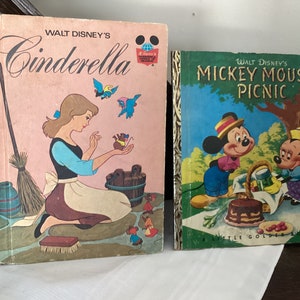 Sale**2 Vintage WALT DISNEY BOOKS   1974 Cinderella   1950 Mickey Mouse’s Picnic Golden Book