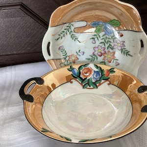 2 Vintage LUSTREWARE BOWLS   Both 6 inches with Cut Out Handles   Both Marked Made in Japan