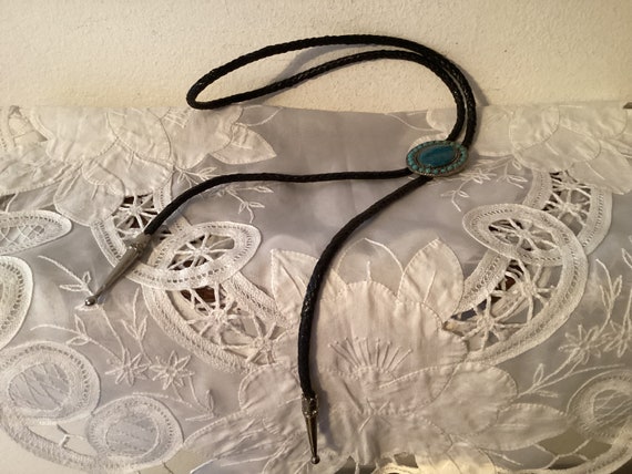 Vintage TURQUOISE and LEATHER BOLO    Oval Adjust… - image 4