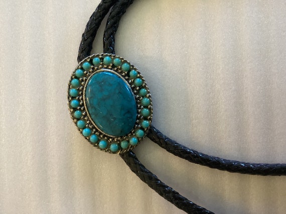 Vintage TURQUOISE and LEATHER BOLO    Oval Adjust… - image 1