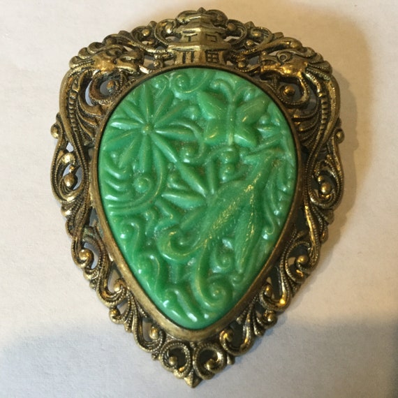 Broche Pendentif Vintage En Laiton Doré Et Malachite - Bijou Ancien - Occasion