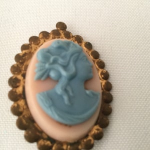 SALEVintage BLUE CAMEO on Pinkish White Background with Brasstone Base Very Old Blue Cameo Brooch image 1