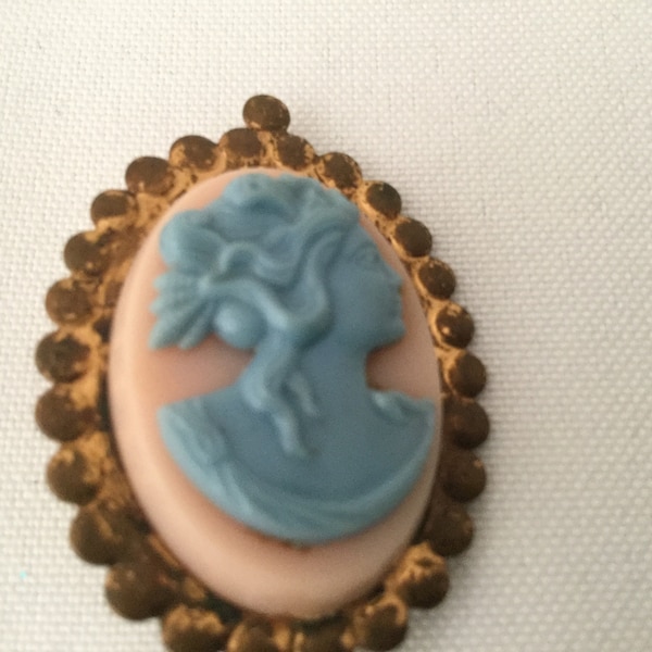 SALE***Vintage BLUE CAMEO on Pinkish White Background with Brasstone Base  Very Old Blue Cameo Brooch