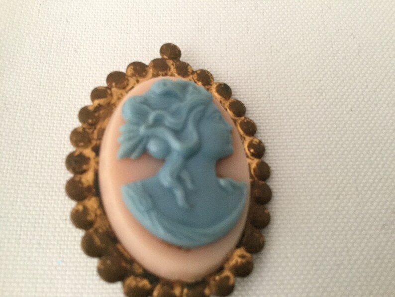 SALEVintage BLUE CAMEO on Pinkish White Background with Brasstone Base Very Old Blue Cameo Brooch image 1