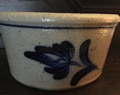 Vintage ROWE POTTERY Salt Glazed CROCK Marked With Flower Front Blue line Under Rim And Cobalt Inside