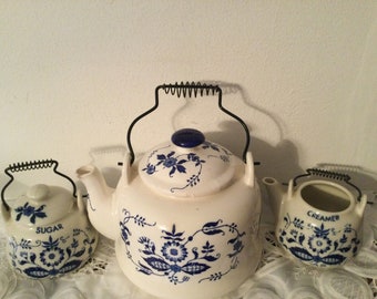 Sale***Vintage JAPAN BLUE ONION    Inge Teapot/Kettle with Matching Sugar Bowl and Creamer   Each has a Sturdy Wire Handle