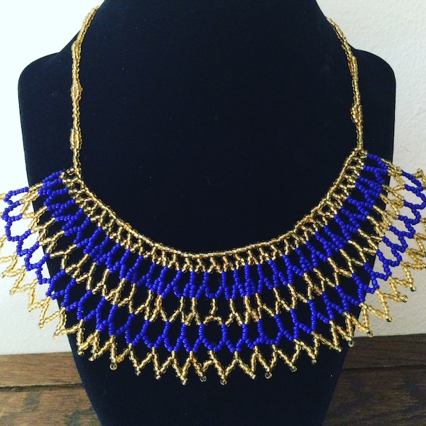 Sale***Vintage SEED BEAD BIB Necklace  Royal Blue and Gold Glass Bead Necklace