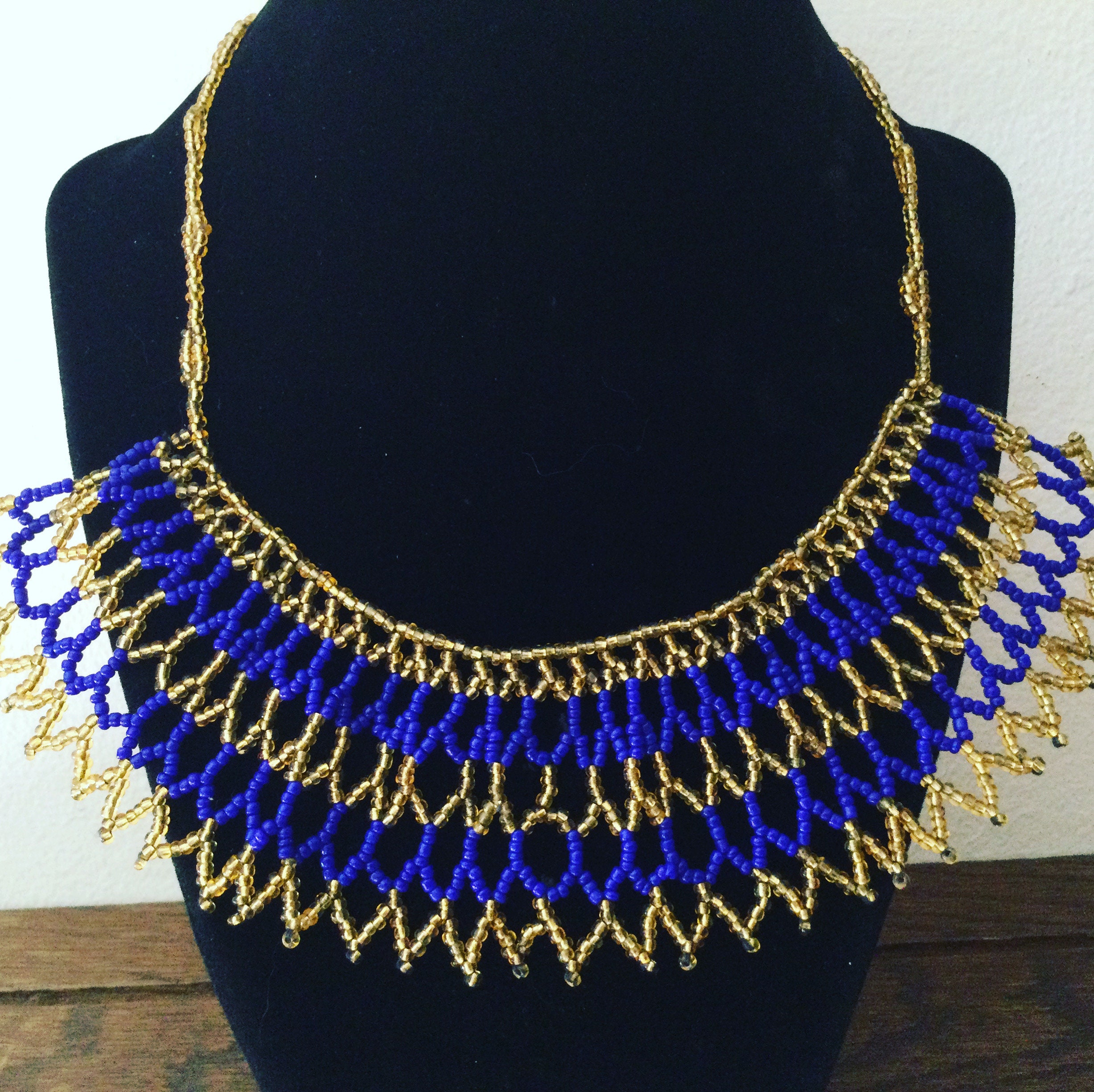 SaleVintage SEED BEAD BIB Necklace Royal Blue and Gold Glass Bead Necklace